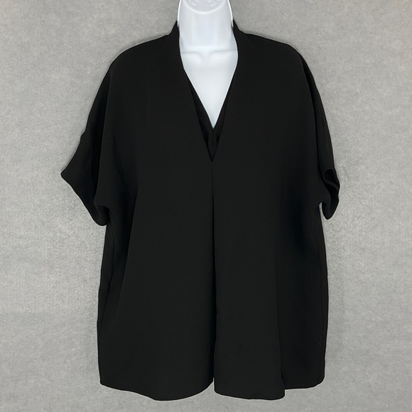 Vince Tops - Vince Black Split Neck Top Short Sleeve Minimalist Size L Blouse Office Capsule